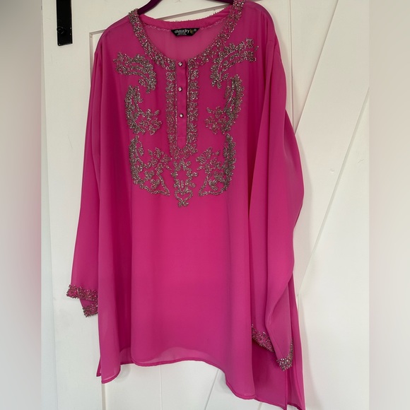 Hot pink sheer sparkly party blouse top - Picture 1 of 11